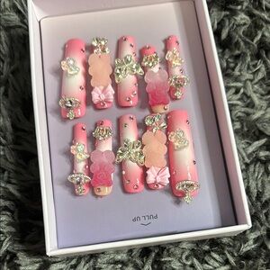 Pink Ombre Nail Set with Rhinestones and Charms